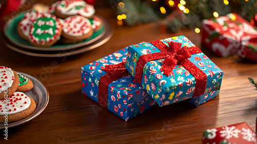 A festive arrangement of gift boxes wrapped in vibrant holiday paper alongside a plate of decorated Christmas cookies on a wooden table 