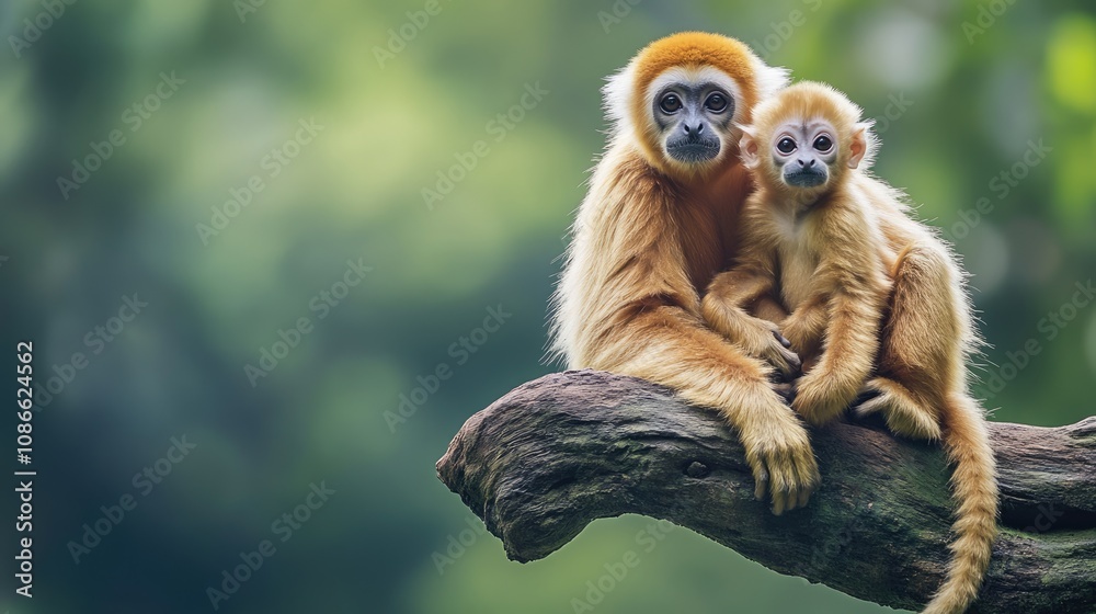 Obraz premium Golden Langur Mother and Baby on a Branch
