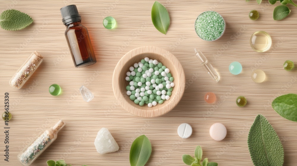 An assortment of natural remedies, including homeopathic vials, essential oils, and crystals, arranged on a wooden table, representing a holistic approach to well being. An assortment of natural remedies, including homeopathic vials, essential oils, and crystals, arranged on a wooden table, representing a holistic approach to well being.