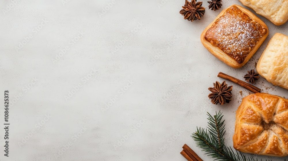 Assorted pastries arranged on a light surface, complemented by pine cones and cinnamon sticks, creating a cozy, festive atmosphere. Assorted pastries arranged on a light surface, complemented by pine cones and cinnamon sticks, creating a cozy, festive atmosphere.