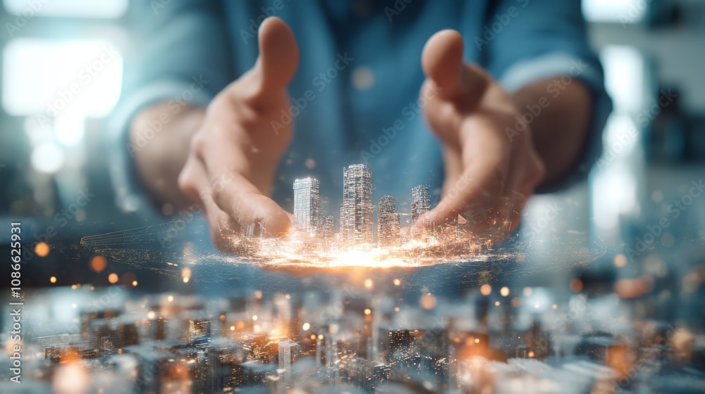 A person holding a miniature glowing city model in their hands, conveying themes of innovation, urban development, and futurism in a modern setting. A person holding a miniature glowing city model in their hands, conveying themes of innovation, urban development, and futurism in a modern setting.