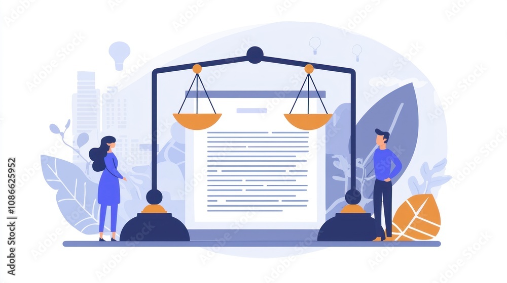 Elegant Flat 2D Legal Scales on Document - Symbol of Legal Agreements. Minimalist Design Concept with Balance and Justice Representation Elegant Flat 2D Legal Scales on Document - Symbol of Legal Agreements. Minimalist Design Concept with Balance and Justice Representation