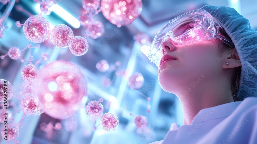 Close-Up of a Scientist in Laboratory Setting with Protective Gear, Examining Futuristic Pink Molecules in a High-Tech Research Environment, Focus on Innovation and Research Close-Up of a Scientist in Laboratory Setting with Protective Gear, Examining Futuristic Pink Molecules in a High-Tech Research Environment, Focus on Innovation and Research