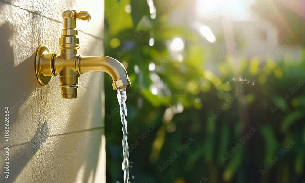 Golden faucet with water pouring out.