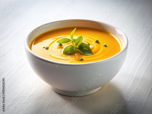 Low-key still life, creamy soup, white bowl.