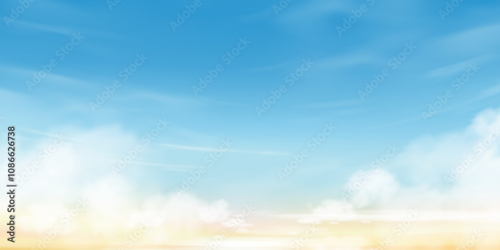 Obraz premium Sunset Sky Summer Background,Autumn Sunrise Yellow,Blue Sky and Cloud,Spring Nature Landscape Golden Hour and twilight sky in evening after sun dawn,Vector Horizon Banner Sunlight for Winter banner
