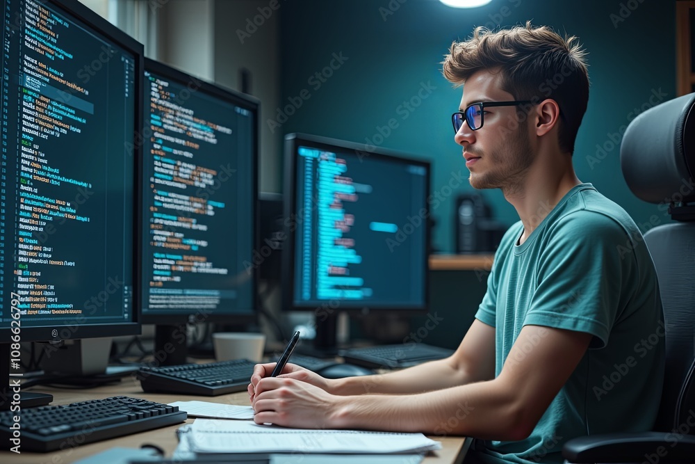 A young man with a simple t-shirt and glasses sits in front of a large screen in a tech office, surrounded by rows of blockchain-related programming code. A young man with a simple t-shirt and glasses sits in front of a large screen in a tech office, surrounded by rows of blockchain-related programming code.