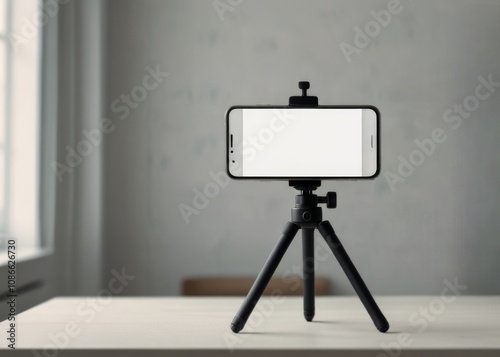 A smartphone mounted on a tripod, against a minimalist background, ready for a photo or video shoot. photo