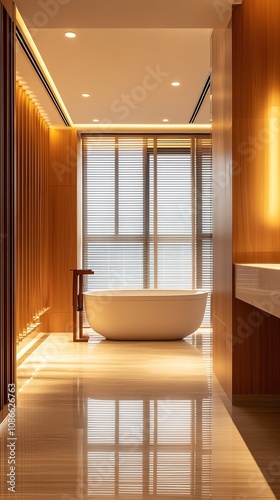 Wallpaper Mural Abstract Marketing Background Featuring a Modern Hotel Bathroom Interior with a Bathtub and Shower Behind a Partition and Window, Enhanced with Design Elements, Ideal for AI-Generated Wallpaper and Di Torontodigital.ca