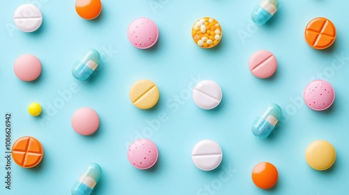 Wallpaper Mural An array of colorful pills and capsules arranged in a precise pattern on a sterile lab counter, representing pharmaceutical advancements and drug development. Torontodigital.ca