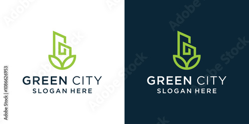 Logo combination of leaves and buildings, green city, simple design vector