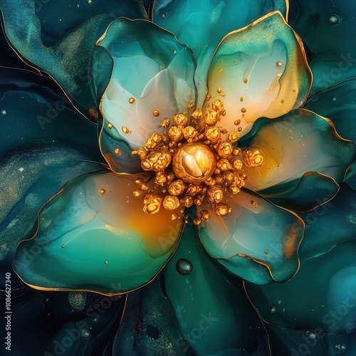 Luxurious Metallic Flower in Rich Teal and Golden Hues - made with Generative AI photo