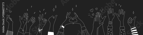 Doodle sketch hands up gestures comic icons silhouettes vector set. Group of line art fun comic hands in the air. Voting or happy congratulation audience recognition symbols.