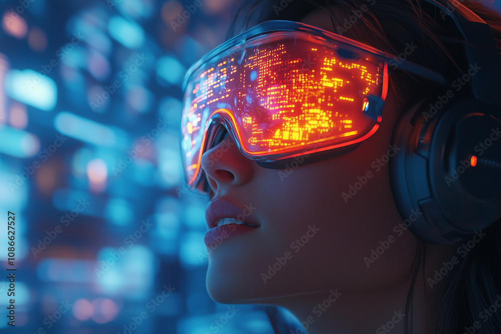 Young woman wearing futuristic augmented reality glasses and headphones while exploring digital landscapes in a neon-lit environment Young woman wearing futuristic augmented reality glasses and headphones while exploring digital landscapes in a neon-lit environment