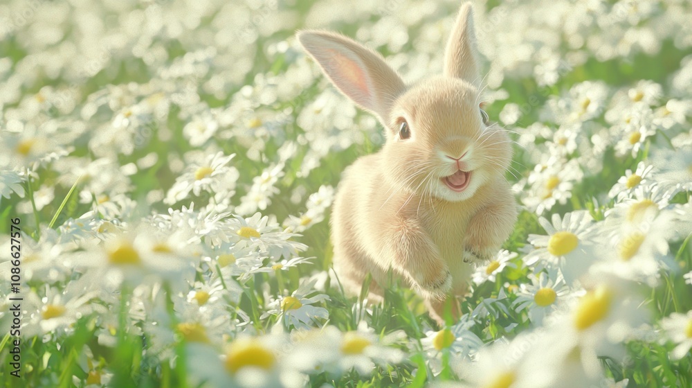 Joyful Rabbit Hopping Through Daisy Field - Ultra-Detailed Animal Wholesome Moment Photo capturing Whimsicality and Happiness
