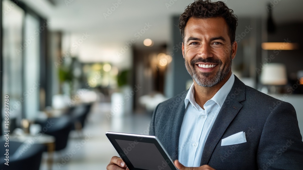 A smiling man in a suit holds a tablet in a modern office setting. A smiling man in a suit holds a tablet in a modern office setting.