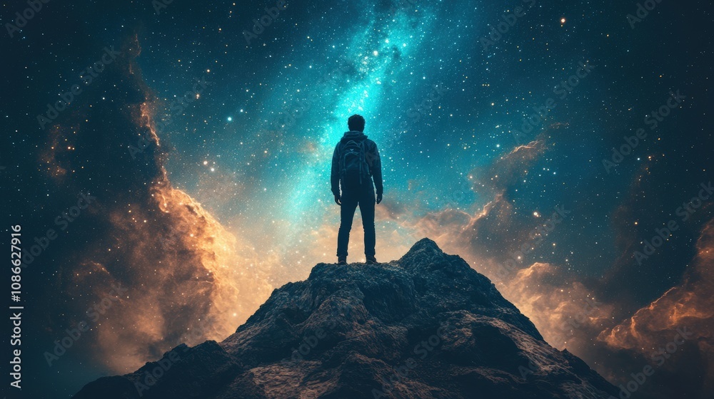 A figure stands atop a mountain, gazing at a vibrant cosmic sky filled with stars.