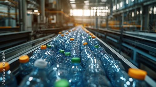 A production line filled with colorful plastic bottles, showcasing an industrial setting, illuminated by natural light filtering through large windows.