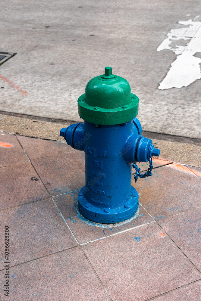 Fototapeta premium Blue and green fire hydrant on the street