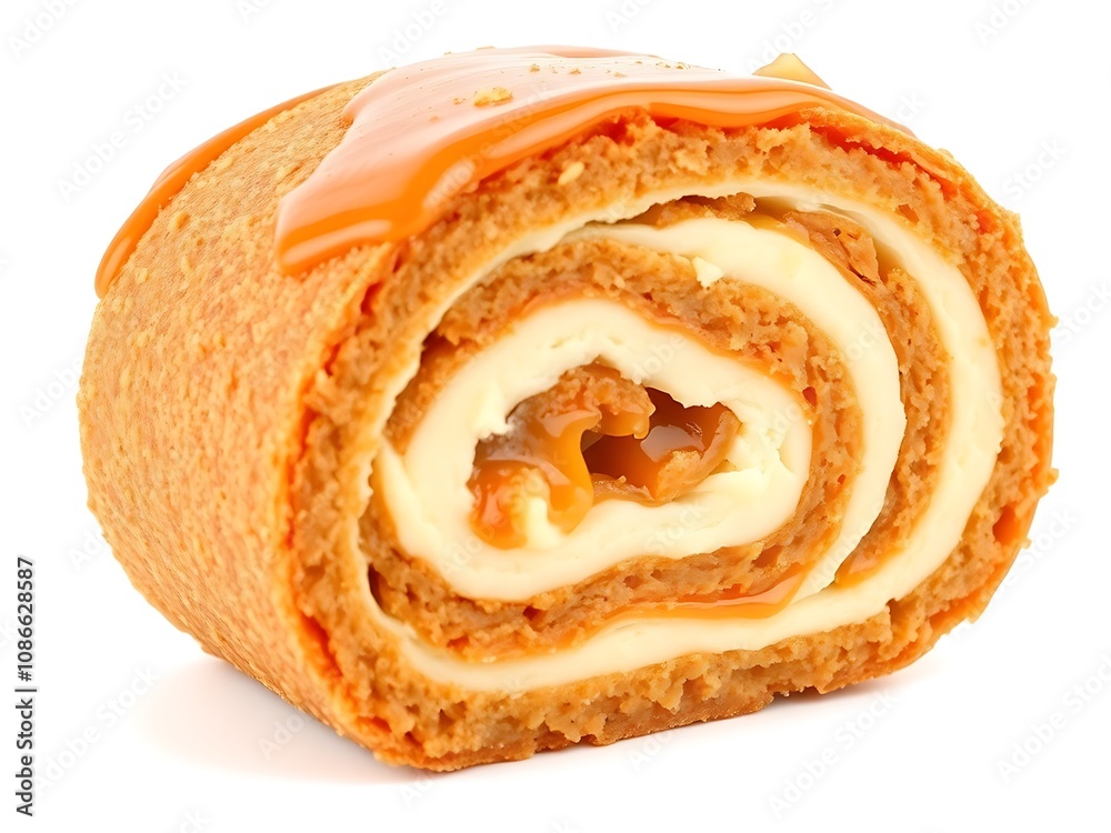 Fototapeta premium Delicious Caramel-Drizzled Pumpkin Cheesecake Roll - Close-Up Studio Shot. AI Generated
