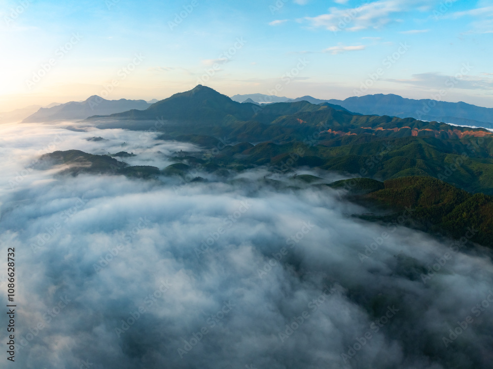 Fototapeta premium Drone aerial view of landscape mountains view in sunrise or sunset time,High angle view over countryside at northern Vietnam