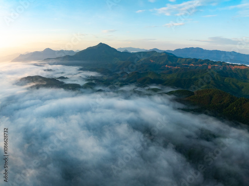 Drone aerial view of landscape mountains view in sunrise or sunset time,High angle view over countryside at northern Vietnam