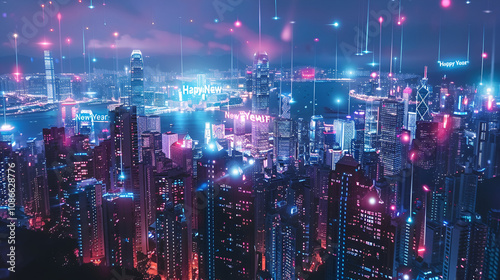 Wallpaper Mural Bustling Hong Kong skyline at midnight with Happy New Year in glowing 3D neon text over Victoria Harbour bright firework Torontodigital.ca