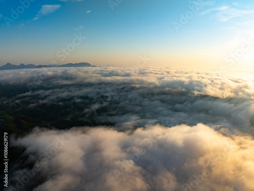 Drone aerial view of landscape mountains view in sunrise or sunset time,High angle view over countryside at northern Vietnam