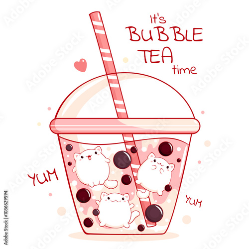 Lovely little kitty in bubble tea cup. Baby card  in kawaii style with cute little pets in Boba Tea cup. Childish print with funny cat for t-shirt  print, stickers, greeting card design. Vector EPS8