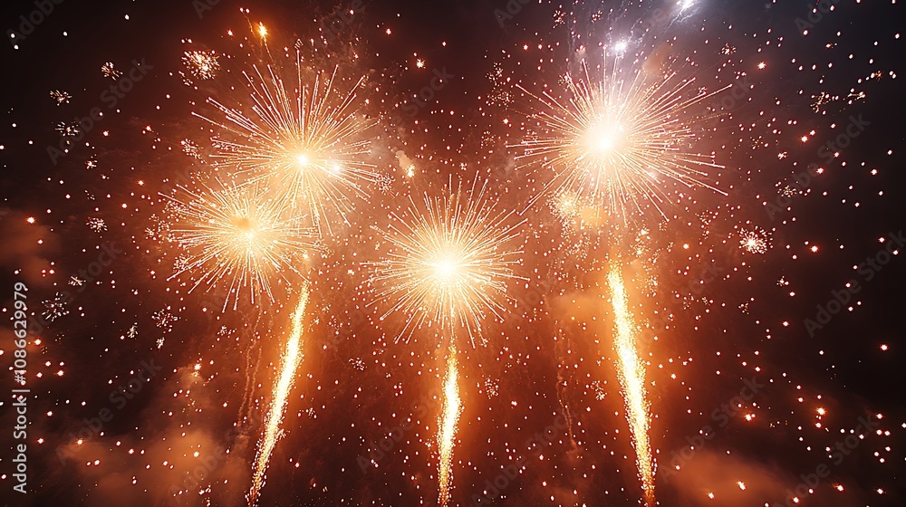 A low-angle view of four bright fireworks bursting against a dark night sky. A low-angle view of four bright fireworks bursting against a dark night sky.