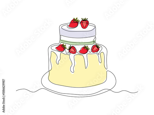 Birthday cake with strawberries, dessert. continuous single line art drawing sketch, logo