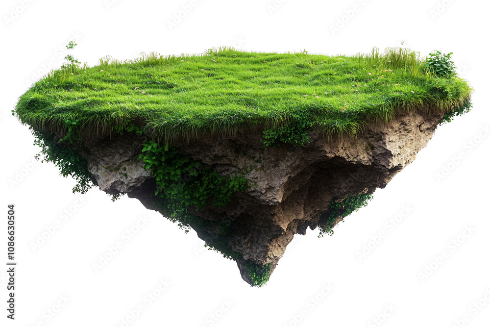 Floating grass island with exposed soil and rocks on transparent background. Floating grass island with exposed soil and rocks on transparent background.