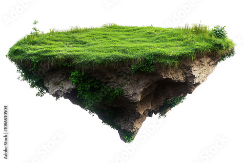 Floating grass island with exposed soil and rocks on transparent background.