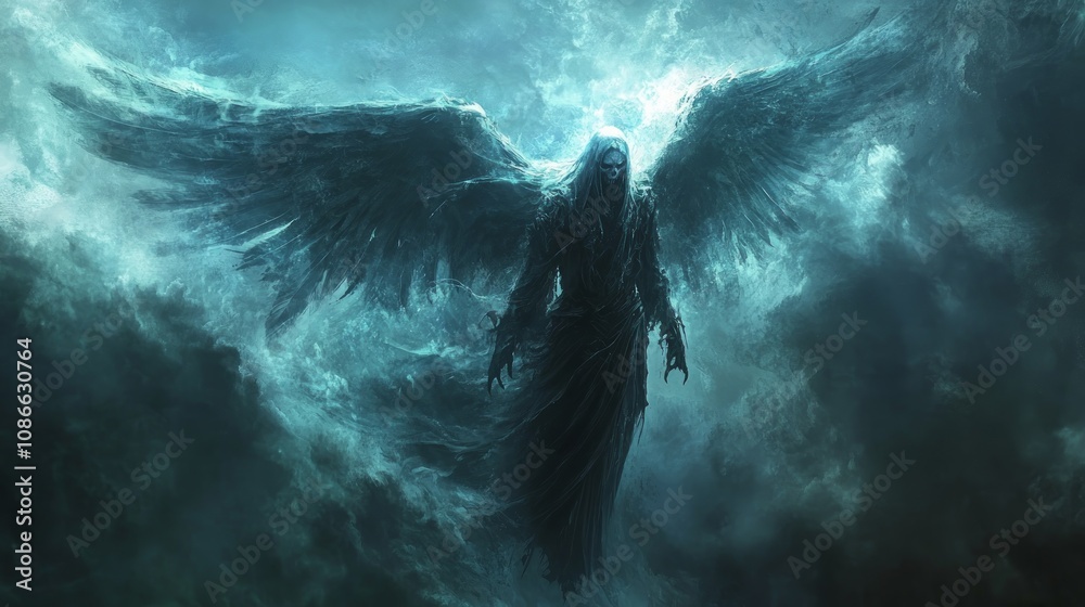 A dark angel with large wings soars through a stormy sky. A dark angel with large wings soars through a stormy sky.