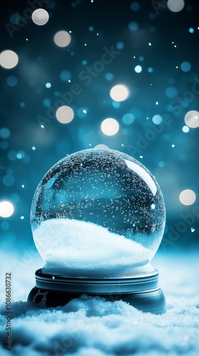 Empty snow globe on snowy surface. Christmas Eve concept.