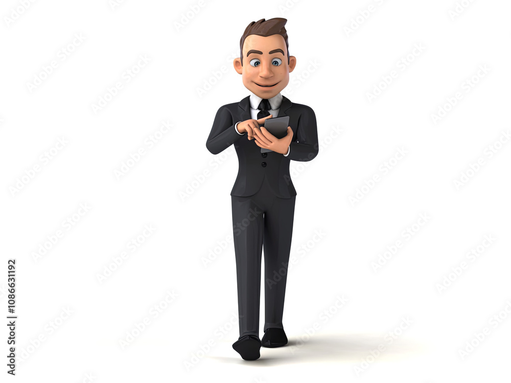 Obraz premium Fun 3D cartoon business man walking with a smartphone