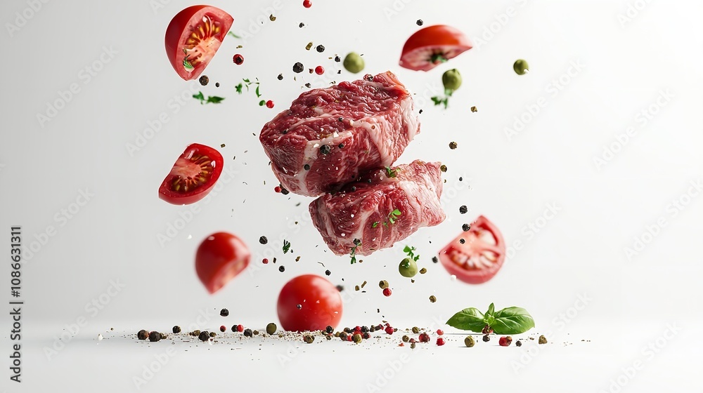 Fototapeta premium Raw Beef Meat and Other Ingredients Falling on White Background