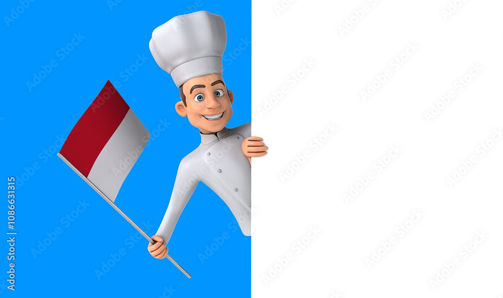Fun 3D cartoon chef with a flag from monaco Fun 3D cartoon chef with a flag from monaco