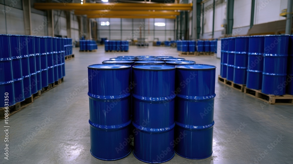 Industrial storage blue barrels warehouse high-volume inventory interior wide-angle view logistics management