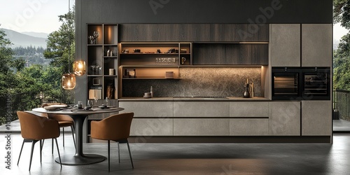 Abstract Marketing Background Featuring a Stylish Family Kitchen Interior with Dining Table, Cabinets, and Panoramic Windows, Enhanced with Design Elements, Perfect for AI-Generated Wallpaper and Digi