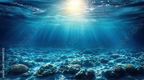 Underwater scene showcasing coral reefs illuminated by sunlight.