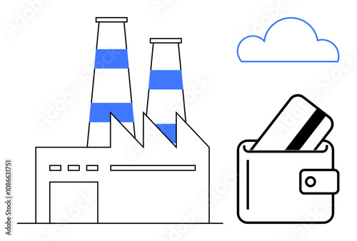 Industrial factory with striped smokestacks beside wallet holding credit card with cloud overhead. Ideal for finance, industry, banking, economics, cloud services, business strategy, environmental