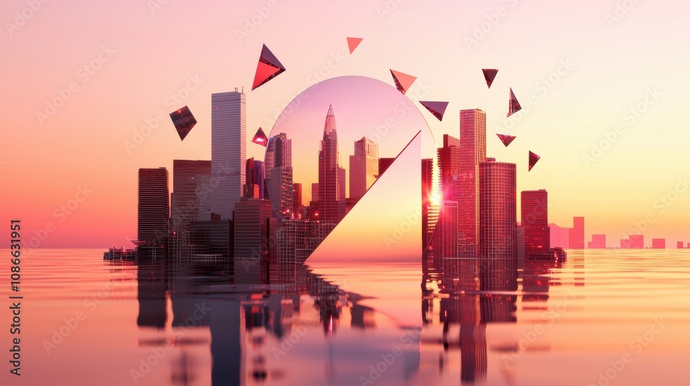 Obraz premium A fusion of jagged, fragmented triangles forming a surreal, chaotic representation of modern urban life