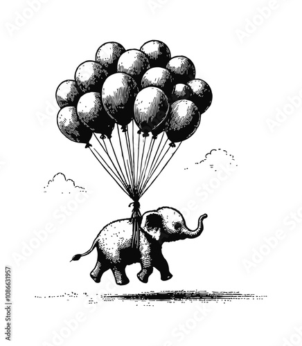 elephant being carried by several balloon engraving black and white outline