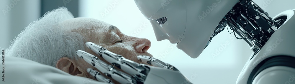 Obraz premium A humanoid robot delicately assisting an elderly person in a futuristic home setting, exuding warmth and efficiency
