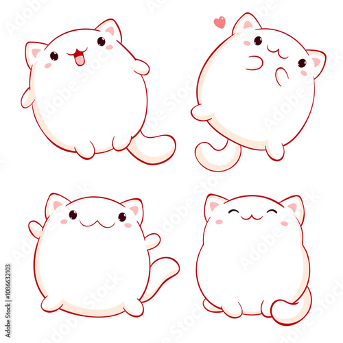 Set of cute fat cats kawaii style. Collection of lovely kitty in different poses. Baby set with little pets in kawaii style. Can be used for t-shirt print, sticker, greeting card design. Vector EPS8