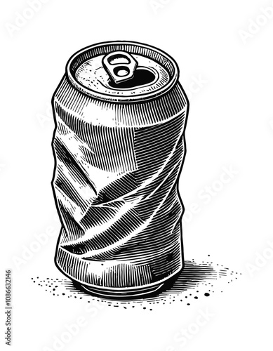 crushed soda can engraving black and white outline