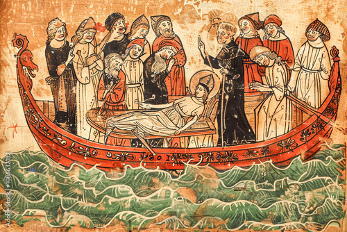 A historic fictional medieval artwork depicting a group of people aboard a boat, observing figures immersed in the sea below during a trial by ordeal