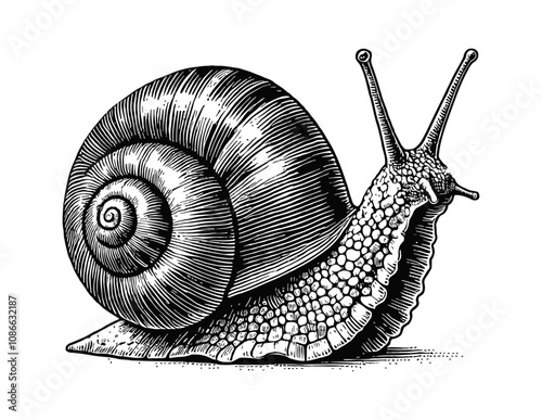snail engraving black and white outline