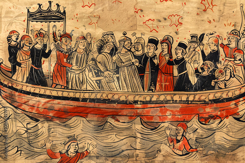 A historic fictional medieval artwork depicting a group of people aboard a boat, observing figures immersed in the sea below during a trial by ordeal photo